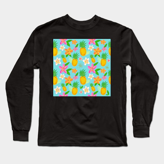 Tropical pineapple print with plumeria flowers. Long Sleeve T-Shirt by Papergrape